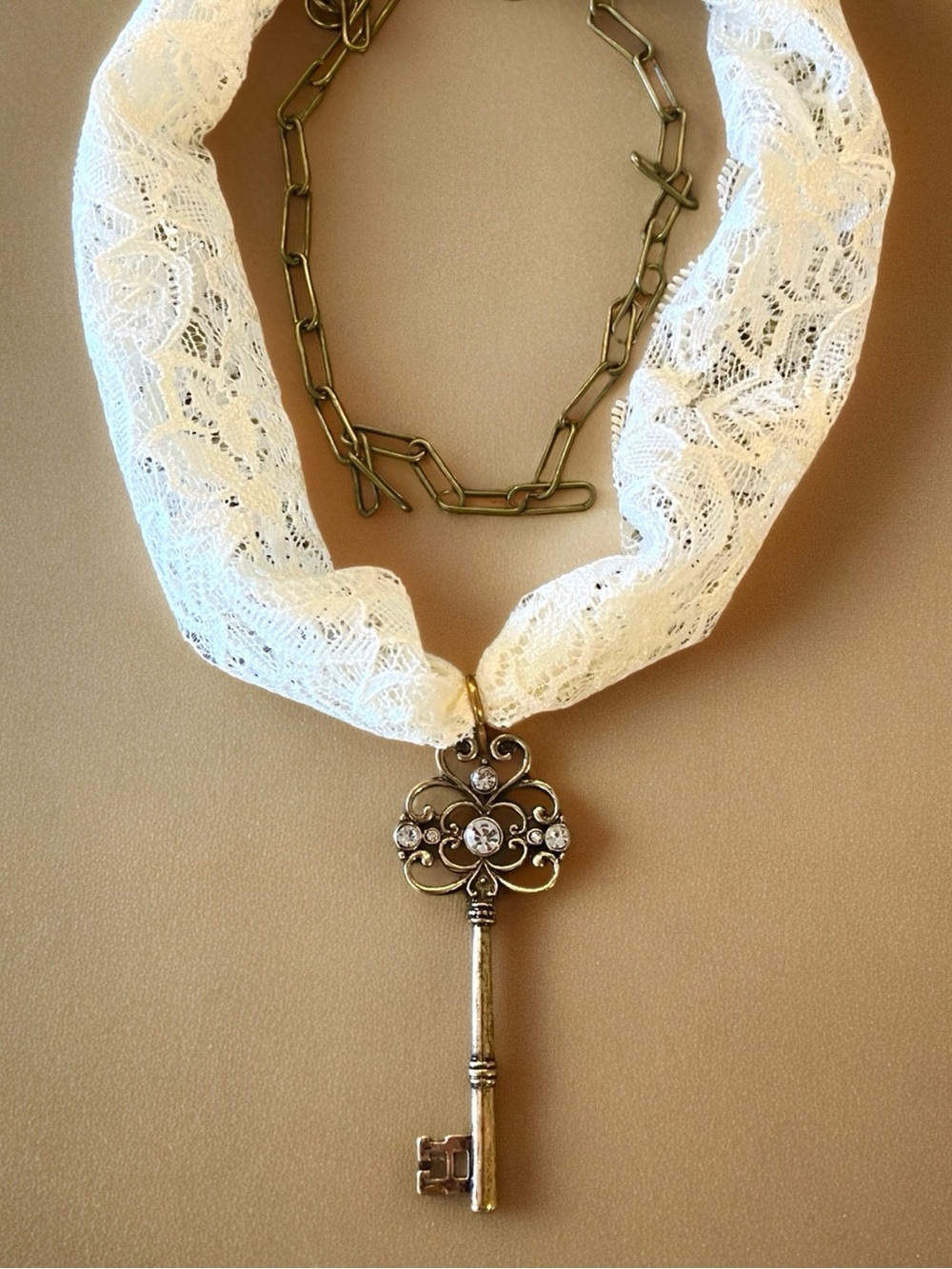 Vintage-Inspired White Lace Key Pendant Necklaces